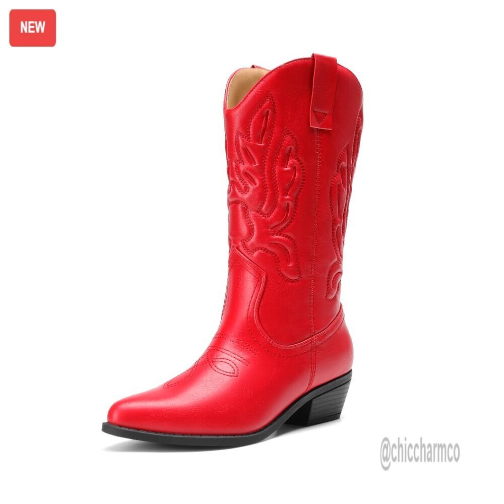 Women's Mid Calf Cowboy Boots with Embroidery Stitching Western Style